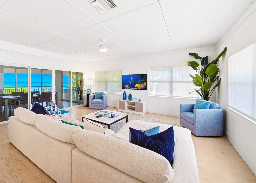 Living Room Tv at The Cayman Club Condo 25 on Seven Mile Beach Grand Cayman
